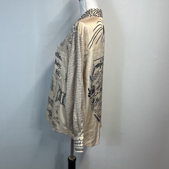 Me369 Blouse Tunic size Medium Gold Black HELLO HEY HI Artsy Peacock Graphic #S - Picture 9 of 12